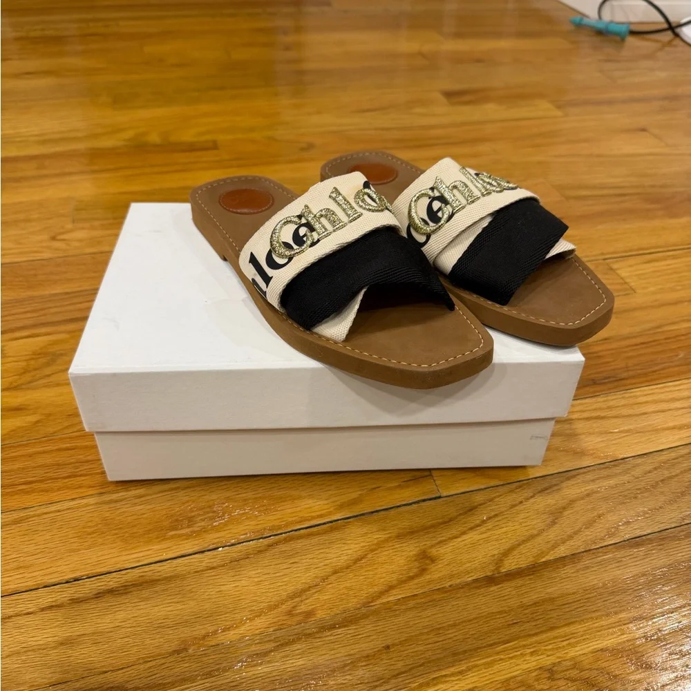 Chloé Woody Logo Slides Sandals Black/Cream Size 40 - Picture 2 of 6